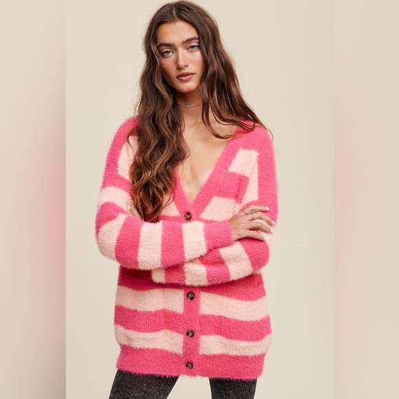 Pink Multi Striped Button Down Fuzzy Knit Cardigan NEW - Picture 1 of 6